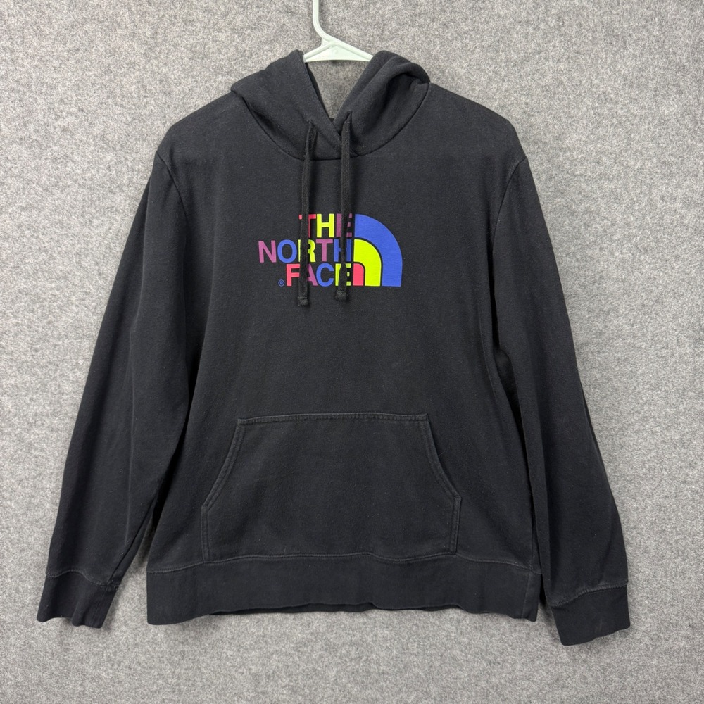 The‎ North Face Womens XL Black Neon Rainbow Logo Pullover Hoodie Sweatshirt